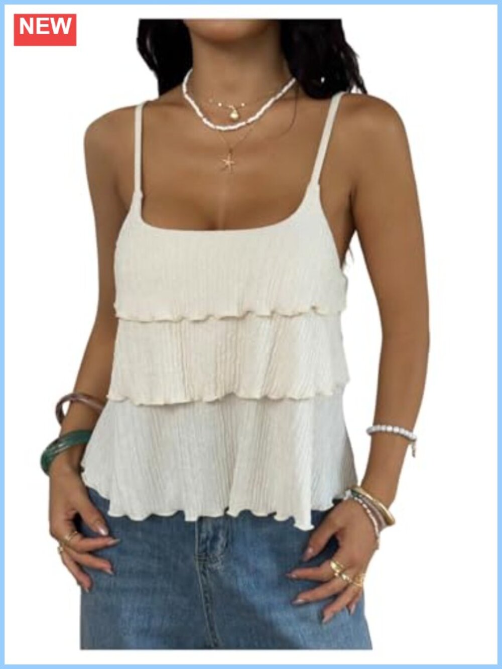 Ruffle Cami Top Sleeveless Layered Lettuce Trim Polyester Blend